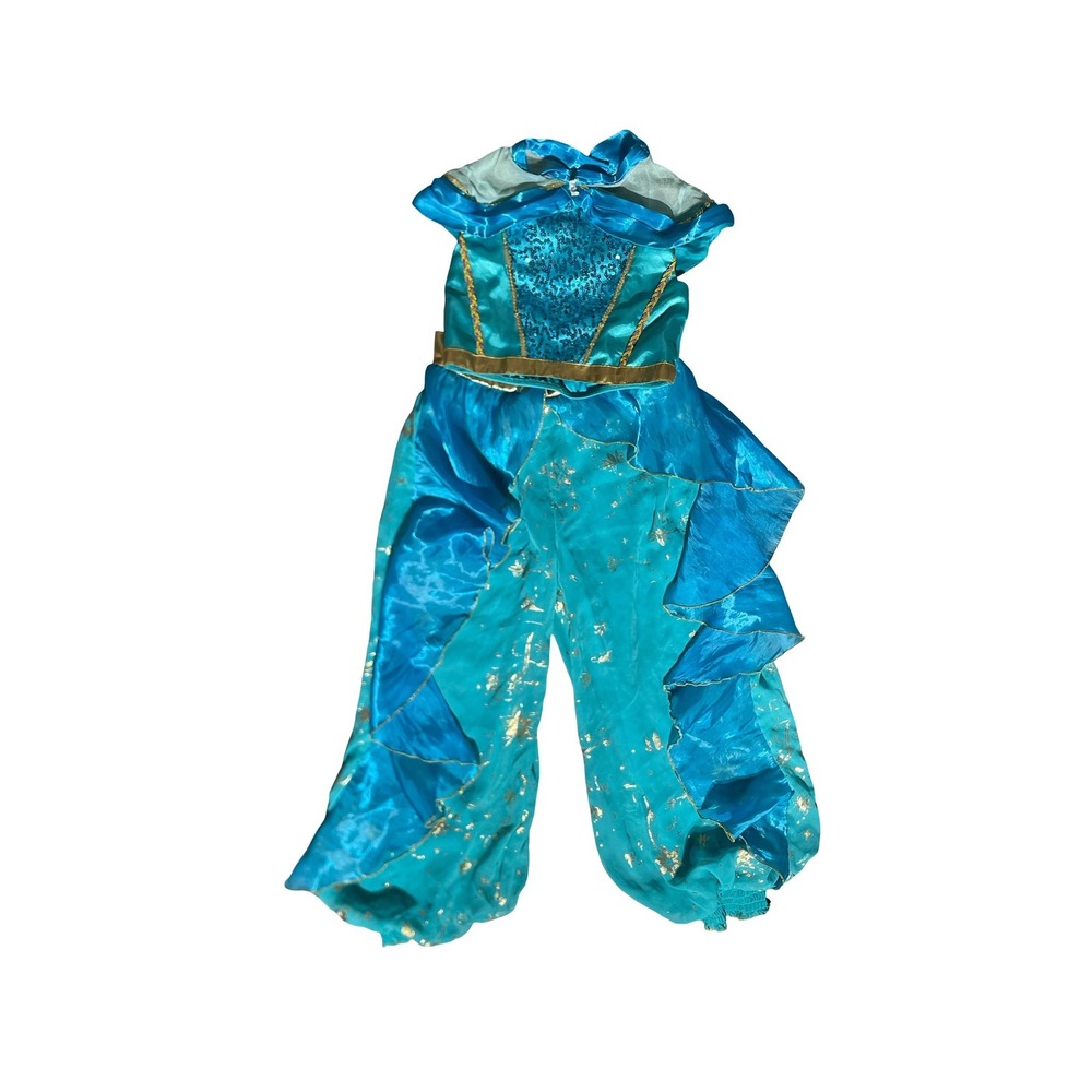 Disney Princess Jasmine Costume Girls 7/8 Teal Blue Gold Sequin 2 Piece Outfit